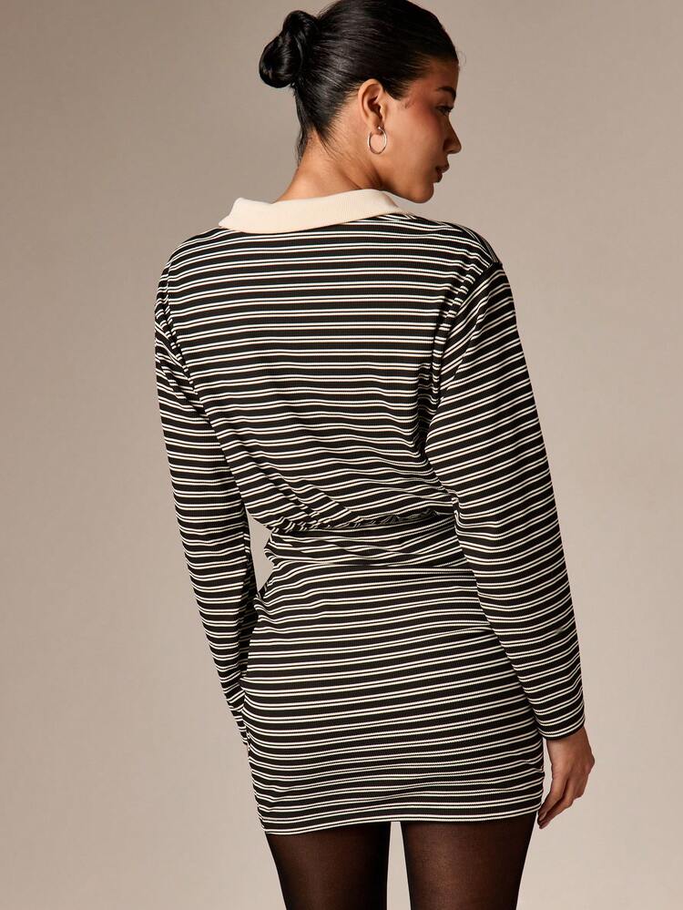AiiRZ Striped Collared Long Sleeve Polo Mini Dress With Belt Detail For Casual Day Wear