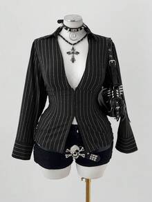 Sunspun Áo sơ mi kẻ sọc cổ chữ V sâu thời trang đi làm cỡ lớn cho nữ - màu đen - Xem 1