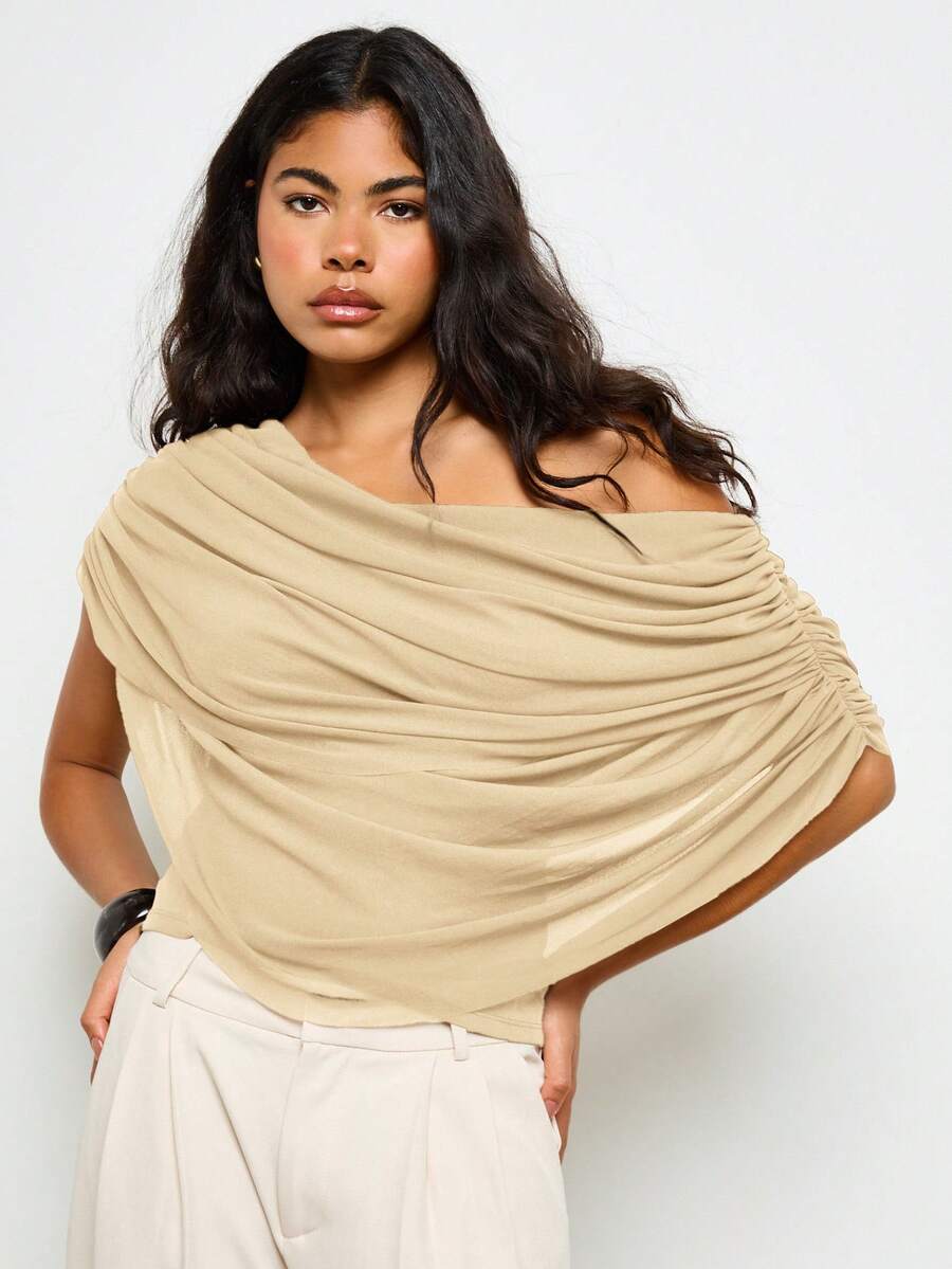 AiiRZ Off Shoulder Draped Top With Asymmetrical Neckline And Flowing Silhouette For Casual Elegant Style - Cream - View 1