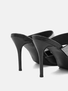 Zapatos De Tacón De Aguja De Punta Estrecha Para Mujeres Con Decoración De Diamantes De Imitación - Negro - Ver 4