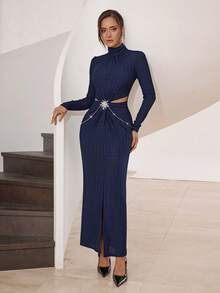 Modelyn Vestido de manga larga con cuello alto y decoración de strass de unicolor, elegante para mujer - Azul - Ver 3