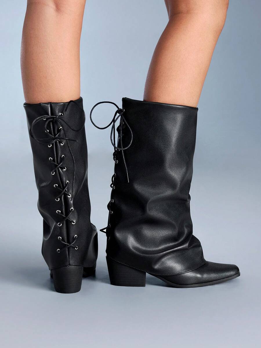 CUCCOO GRLICON Botas de tiburón para mujer, de punta cuadrada, tacón grueso, de piel de PU negra con diseño de doble capa y decoración de correa trasera, de estilo minimalista y cómodas para uso diario, fiestas y eventos. Adecuadas para Navidad, Año Nuevo y Acción de Gracias. - Negro - Ver 1