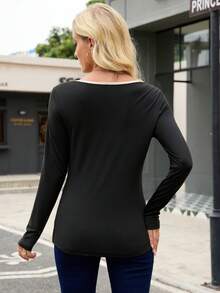 SHEIN LUNE Women's Elegant Casual Knit Button Contrast Color Long Sleeve T-Shirt - Black - View 2