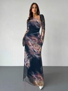 Firerie Women's Tie Dye Floral Asymmetric Shoulder Mesh Long Sleeve Pleated Maxi Dress, Multi-Color Floral Pattern Dress, Holiday Dress, New Tie-Dye Floral Mesh Print Flare Sleeve Fitted Vacation Dress, Suitable For Spring, Summer, Autumn, Winter, Elegant, Commute, Date, Party, Wedding Season, Graduation, Prom, Performance, Work, Back To School, Annual Party, Women's Birthday, Holiday - Multicolor - View 7