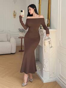 DAZY Women's Elegant Solid Color Off Shoulder Long Dress