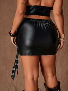 Rustia 大码哥特金属紧身性感暗黑织带迷你裙 - 黑色 - 查看 2