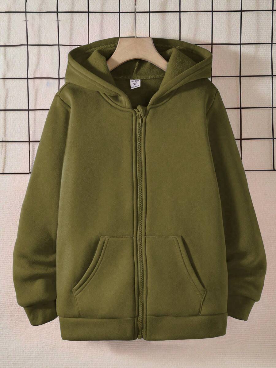 SHEIN Sparklyn 青少年男童纯色长袖连帽拉链休闲卫衣 - 軍綠色 - 查看 1