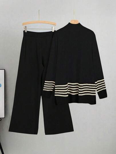 Linhara طقم كنزة صوفية وبنطلون واسع الساق بنمط مخطط وقطعة علوية بأكمام طويلة، مقاسات كبيرة