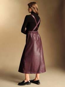 Écloséra French-Style,Burgundy,Autumn,Elegant,Work Elegant Fashionable Suspender PU Dress,Women's New Year's Casual Long Party Dress - Red - View 6