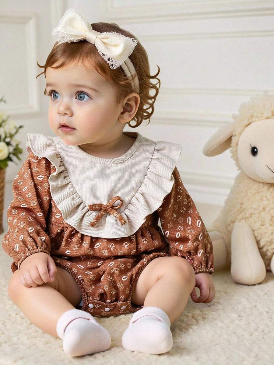 Vintaside Kids Baby Girl Corduroy Floral Bodysuit, Fashionable & Adorable, Suitable For Everyday Wear - Multicolor - View 1