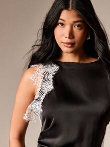 AiiRZ Vestido midi assimétrico de cetim com detalhes em renda, cintura franzida e pregas, ideal para ocasiões especiais como casamentos, festas e eventos noturnos. - Preto - Ver 6