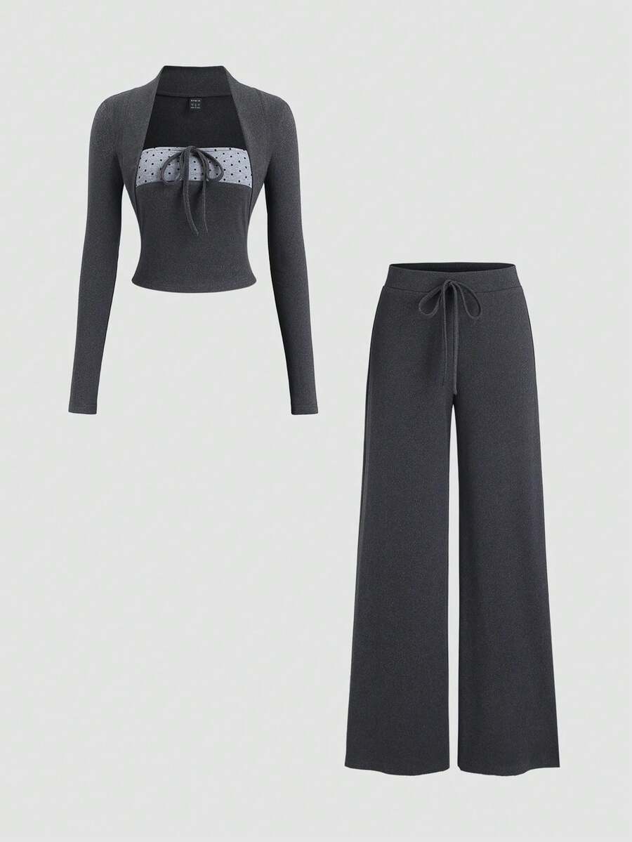 Sweetra 女士甜美优雅波点抹胸上衣和阔腿裤两件套，休闲百搭，适合派对、新年、圣诞节、秋冬季穿着。 - 深灰色 - 查看 1