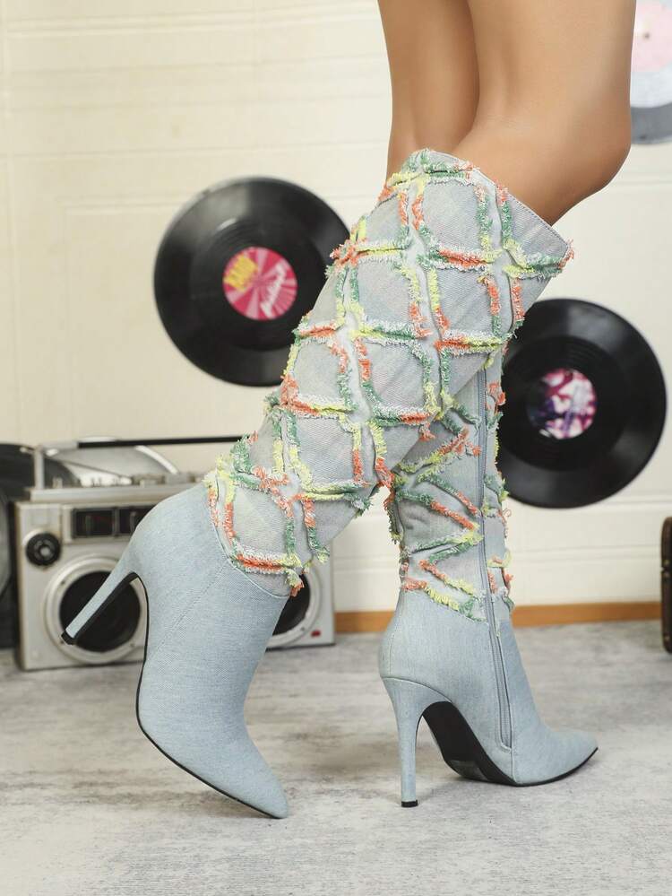 Fashionable Women's Denim High Heel Boots With Lace Floral Detail