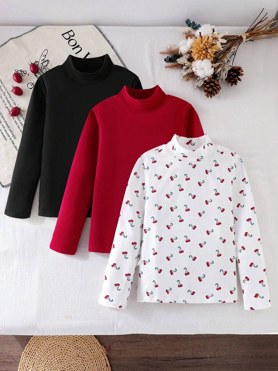 Genkimix Kids Set de 3 camisetas de manga larga con cuello alto acanalado para niñas preadolescentes, tops versátiles para otoño/invierno - Multicolor - Ver 1