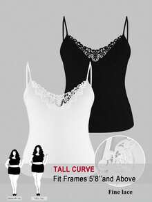 SHEIN Tall CURVE Plus Size Women Solid Color Lace Patchwork Camisole - Black and White - View 1