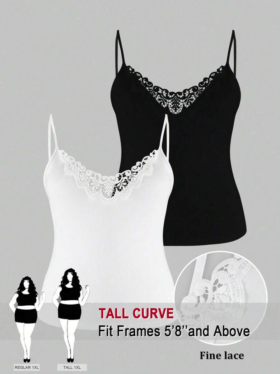 SHEIN Tall CURVE Plus Size Women Solid Color Lace Patchwork Camisole - Black and White - View 1