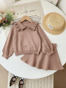 SHEIN Young Girl Casual Solid Color Ruffle Collar Long Sleeve Sweater And Knitted Mini Skirt Set, Autumn/Winter - Camel - View 8