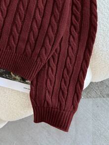 SHEIN Tween Girl Casual Solid Color Dropped Shoulder Loose Textured Knit Cropped Sweater, Autumn/Winter - Burgundy - View 4