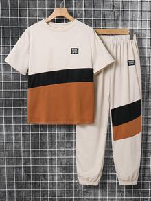 SHEIN 2pcs/Set Tween Boy Beige Summer Casual Vacation Colorblock Round Neck T-Shirt & Pants Set,Versatile Sports Outfit Suitable For School,Daily Wear - Khaki - View 5