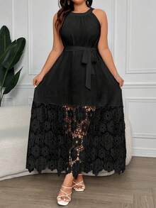 SHEIN Clasi 大码女式花卉蕾丝拼接露背连衣裙 - 黑色 - 查看 4
