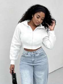 Alexandranx Women Solid Color Front Zipper Long Sleeve Pocket Minimalist Hooded Jacket, Casual Daily Wear,Long Sleeve Tops Graduation,Back To School Outfits,Graduation,Teacher Outfits For Women,Back To School In Fall/Winter - White - View 6
