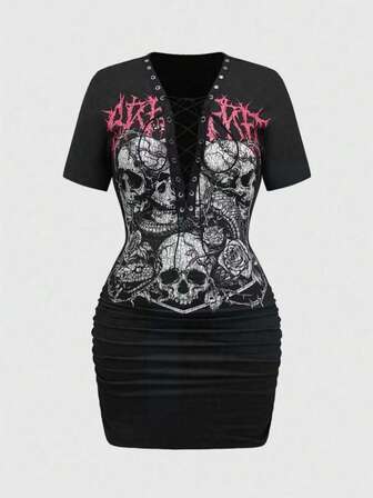 Grunge Punk Vestido mini ajustado de mujer con escote en V profundo, fruncido, con amarres y estampado de calavera y flores en estilo gótico y urbano