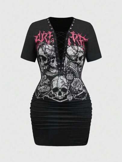 ROMWE Grunge Punk Women's Streetwear Gothic Skull & Floral Print Ruched Tie Front Deep V-Neck Bodycon Mini Dress