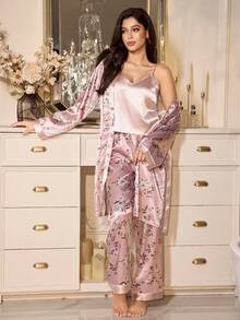 3件套女士优雅印花撞色吊带背心、长袖上衣和裤子睡衣套装，秋冬服装 - 彩色 - 查看 5