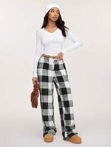 SHEIN BASICS Quần dài lưng thấp kẻ caro dệt kim đơn giản cho nữ - Đen và trắng - Xem 4