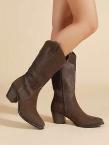 Bota alta mujer costura artesanal punta afilada sin cordones tacón grueso estilo vaquero uso diario botas - Café integral - Ver 2