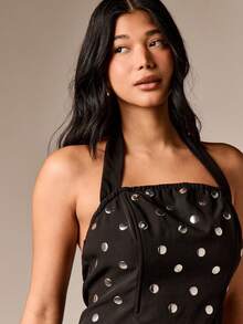AiiRZ Robe mi-longue corset à pois ornée avec clous métalliques pour événements, fêtes, invités de mariage - Noir - Voir 6