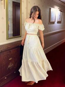 Elenzga New Women's Off-Shoulder Puff Sleeve Front Tie Bow Waist Gathered A-Line Skirt, Vacation Casual Fashion Young Daily Versatile Flattering Elegant 2-Piece Set - Apricot - View 6