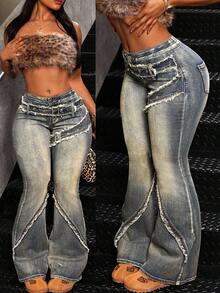 SHEIN Tall CURVE Jeans acampanados con diseño de ojal en la cintura para mujeres de talla grande - Azul - Ver 1