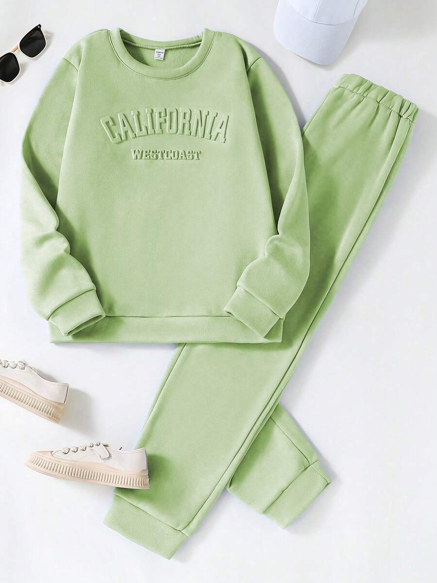 SHEIN Girls Casual Letter Graphic Sweatshirt Set - Green - View 1