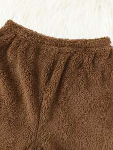 SHEIN 2pcs Tween Boy Cartoon Pattern Embroidered Crew Neck Long Sleeve Top And Drawstring Pants Fleece Pajama Set, Suitable For Christmas, Thanksgiving, Winter - Khaki - View 5