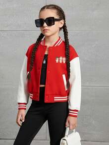 Chaqueta de béisbol universitaria para niña con estampado de dibujos animados anime kpop Rumi Mira Zoey, estilo bomber juvenil informal con botones. - Rojo - Ver 3