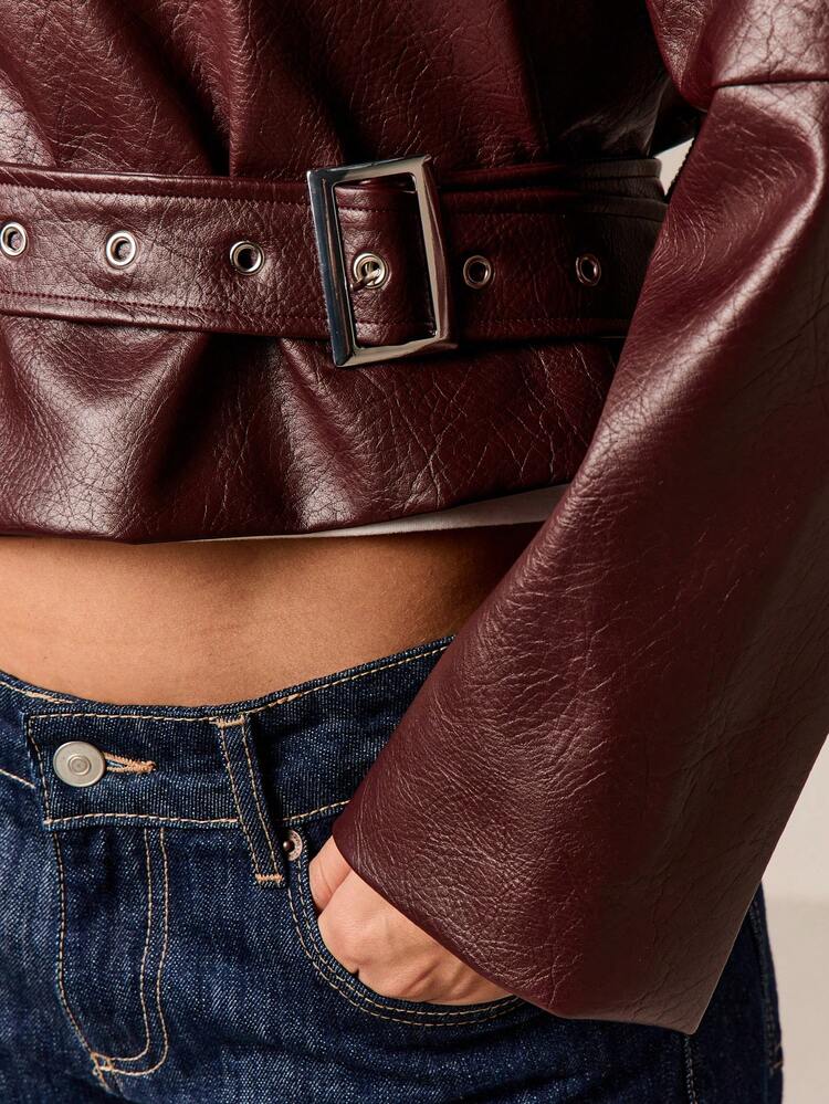 Oversized Burgundy Leather Biker Jacket With Belt