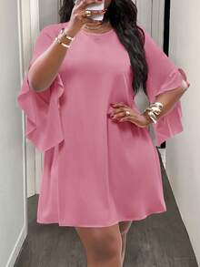 Slaydiva Váy dài đến đầu gối dáng chữ A màu trắng cỡ lớn có tay cánh dơi, trang phục thường ngày khi đi làm vào mùa xuân và mùa hè - Hồng - Xem 7