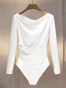 Franclia Women's Minimalist Long Sleeve Side Button Decor Slim Bodysuit For Commuting - White - View 3
