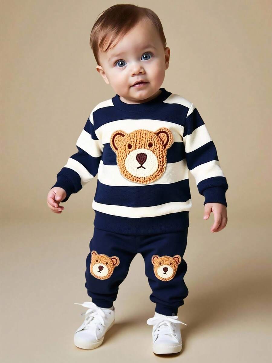 SHEIN Playful Pals Conjunto de moletom e calça de moletom para bebês meninos com estampa de ursinho fofo e listras, ideal para atividades ao ar livre, em casa, brincadeiras, esportes e para o outono/inverno. - Multicolorido - Ver 1
