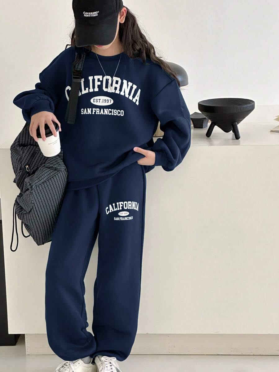 SHEIN Leap Crew 藏蓝色,简约英文字母图案,少女休闲宽松舒适保暖加厚柔软圆领长袖连帽衫和运动裤套装,适合秋冬季日常穿着、运动、校园活动。 - 彩色 - 查看 1