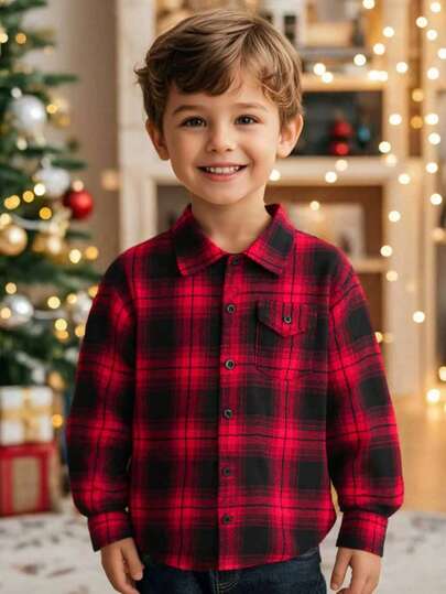 1pc Young Boys' Red & Black Plaid Long Sleeve Vintage Shirt Jacket, Lapel Collar Single-Breasted Pocket Soft Thick Flannel Casual Shirt Top, Suitable For Spring/Autumn Outings Or Christmas Holiday