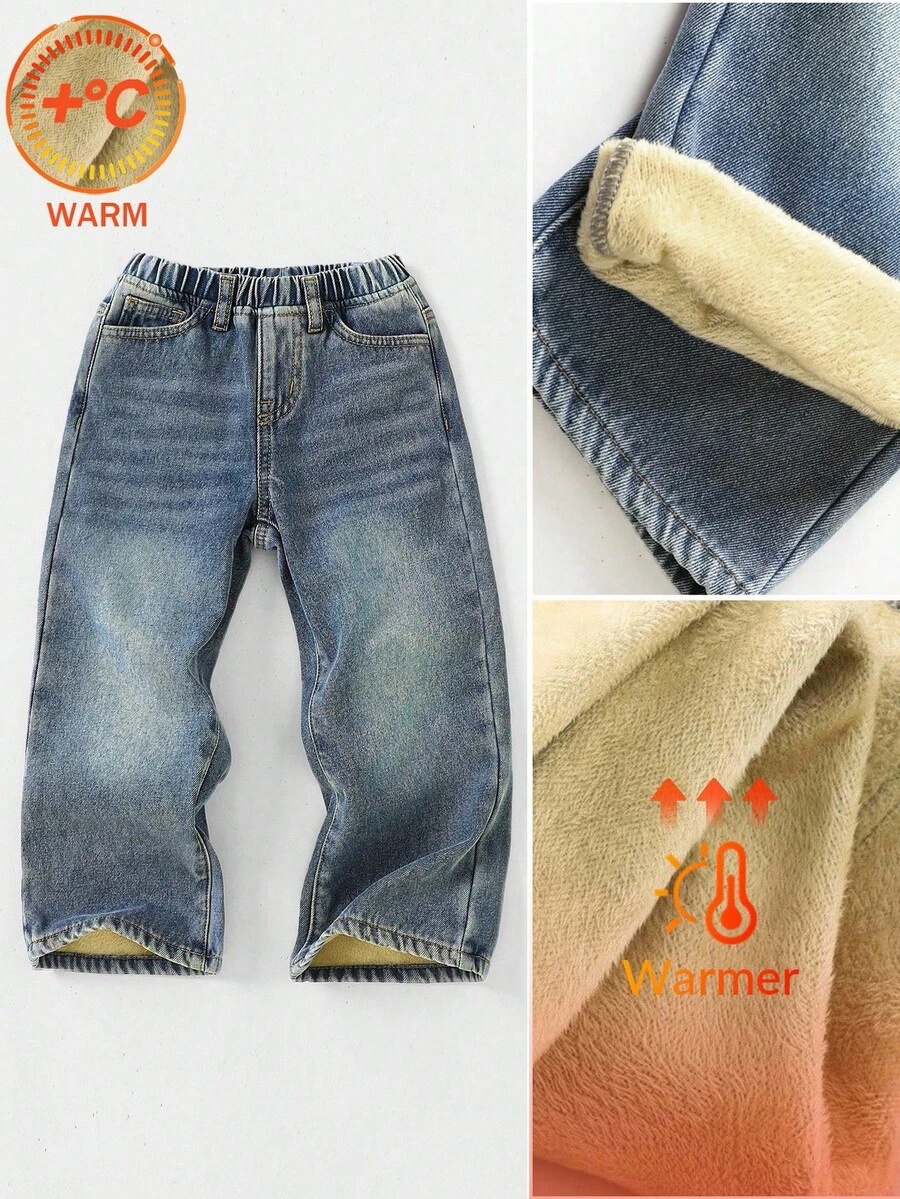 SHEIN Pantalones vaqueros azules de ajuste holgado con forro térmico para niños, otoño/invierno - Azul lavado oscuro - Ver 1