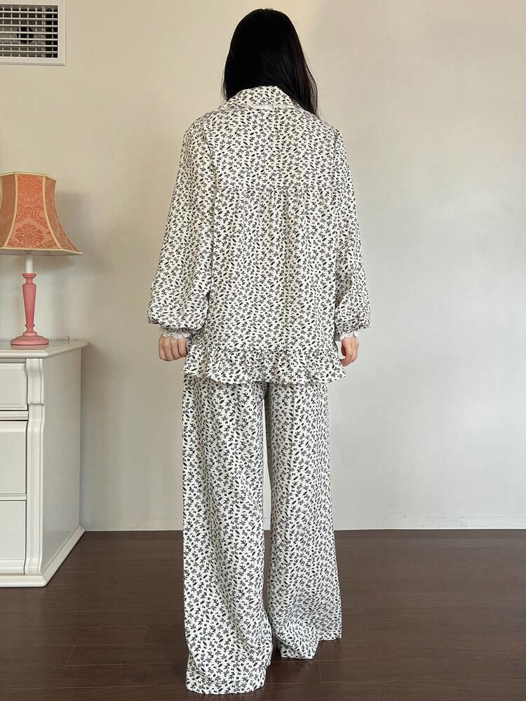 Cute Ditsy Floral Peter Pan Collar Ruffle Trim Women Pajama Set
