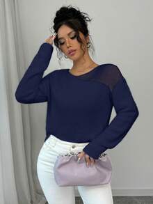 Rafferiza Femmes Couleur Unie Col Rond Épaule Tombante Manches Longues Pull Décontracté Ample, Automne/Hiver - Bleu azur - Voir 3