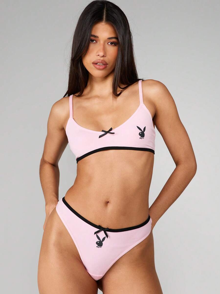 Missguided x Playboy Triangle Bra And Brief Underwear Set With Contrast Trim For Loungewear - Pink - View 1