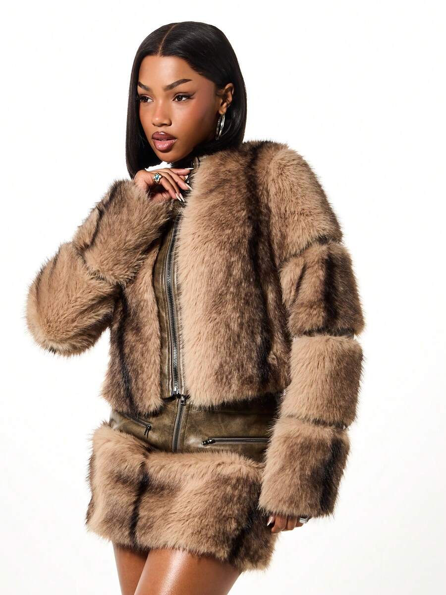 SUMWON WOMEN 奢华仿毛皮修身机车夹克，全拉链设计，冬季外套 - 棕色 - 查看 1