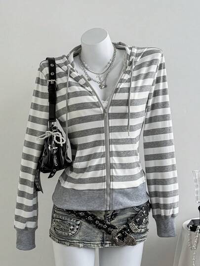 Elamini Gray & Black Striped Long Sleeve Loose Ribbed Zip-Up Sweatshirt For Women, Elegant & Cute, Suitable For School, Graduation, Casual, Sports, Daily Wear In Autumn/Winter