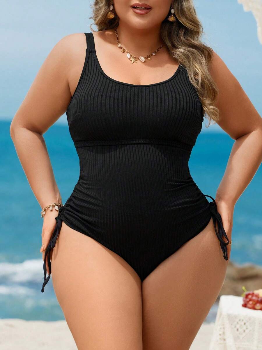 Swim Lushoire Traje de baño de una pieza de talla grande para mujer, de nuevo unicolor y tela especial, con tirantes ajustables, relleno desmontable, cordón lateral, control de abdomen, sexy, informal, elegante, adecuado para la playa y la natación - Negro - Ver 1