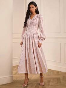 Lilora Robe mi-longue élégante à manches lanternes en jacquard pour femmes, robe Najma, robe à manches lanternes, robe longue à manches, tenue de printemps pour femmes, élégante et - Rose bonbon - Voir 4